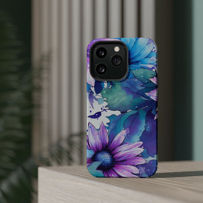 Purple & Teal Watercolor Floral MagSafe iPhone Case - Artistic Flower Design