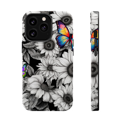 Rainbow Butterflies & Monochrome Sunflowers – MagSafe iPhone Case