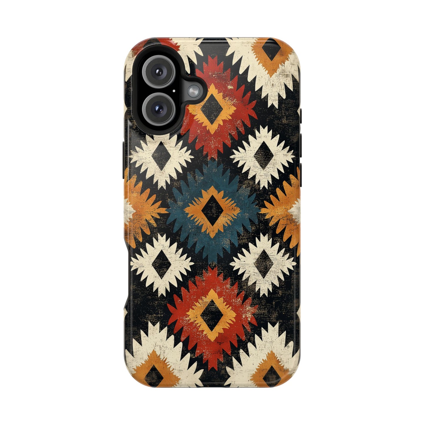 Rustic Tribal Sunburst Tough MagSafe iPhone Case – Vibrant Geometric Design, Dual-Layer Protection