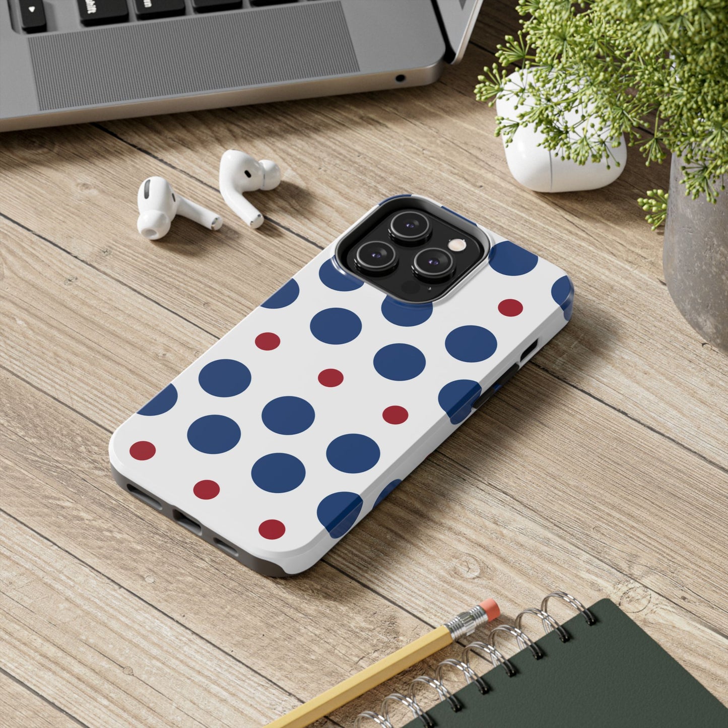 Bold Navy & Red Polka Dot Pattern – iPhone Case