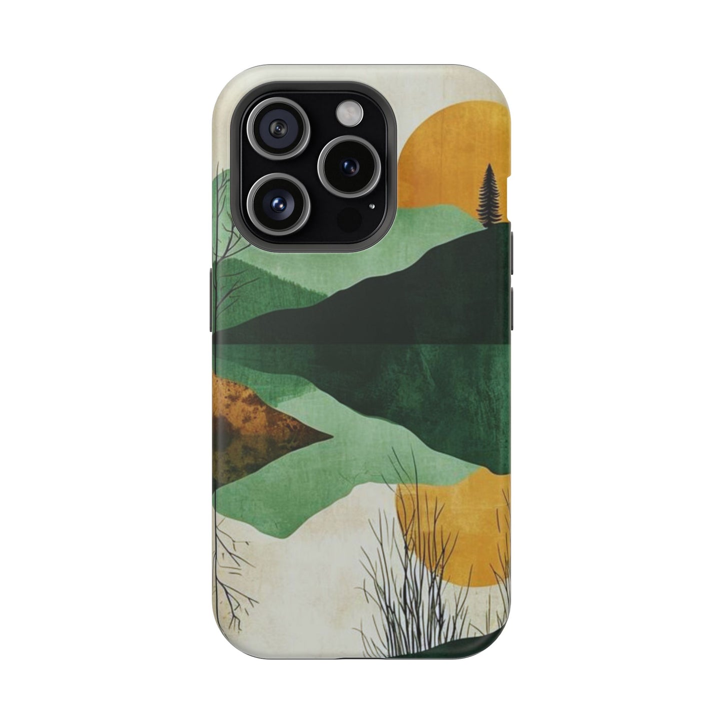 Retro Mountain Sunrise MagSafe iPhone Case – Minimalist Landscape Design, Dual-Layer Protection