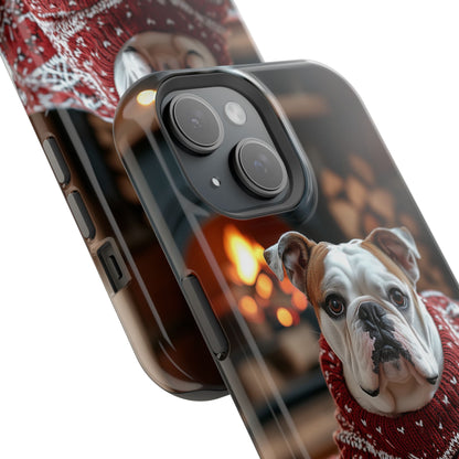 Cozy Bulldog in Sweater MagSafe iPhone Case – Festive Fireplace Protective Cover