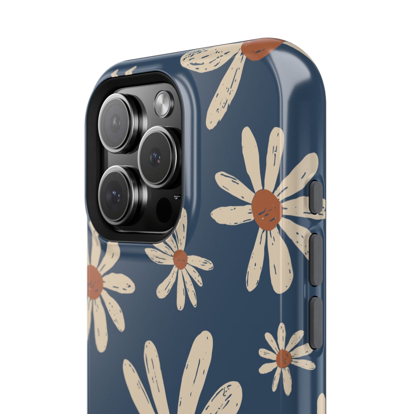 Vintage Daisies MagSafe iPhone Case – Navy Blue Floral Design, Scratch-Resistant with Shock-Absorbing Bumper