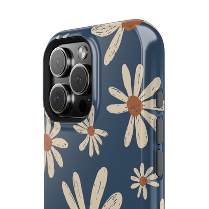 Vintage Daisies MagSafe iPhone Case – Navy Blue Floral Design, Scratch-Resistant with Shock-Absorbing Bumper