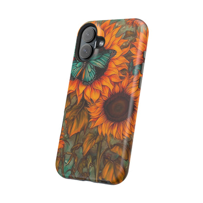 Vintage Blue Butterfly & Sunflower Art – MagSafe iPhone Case