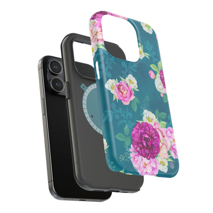 Elegant Peony Bouquet MagSafe iPhone Case – Deep Teal Background with Romantic Floral Design