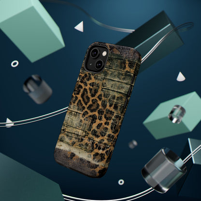 Rustic Wood and Leopard Print Tough MagSafe iPhone Case – Distressed Western Design with Dual-Layer Protection