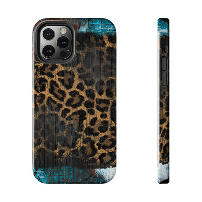 Boho Leopard and Turquoise Tough iPhone Case – Rustic Western Design with Dual-Layer Protection