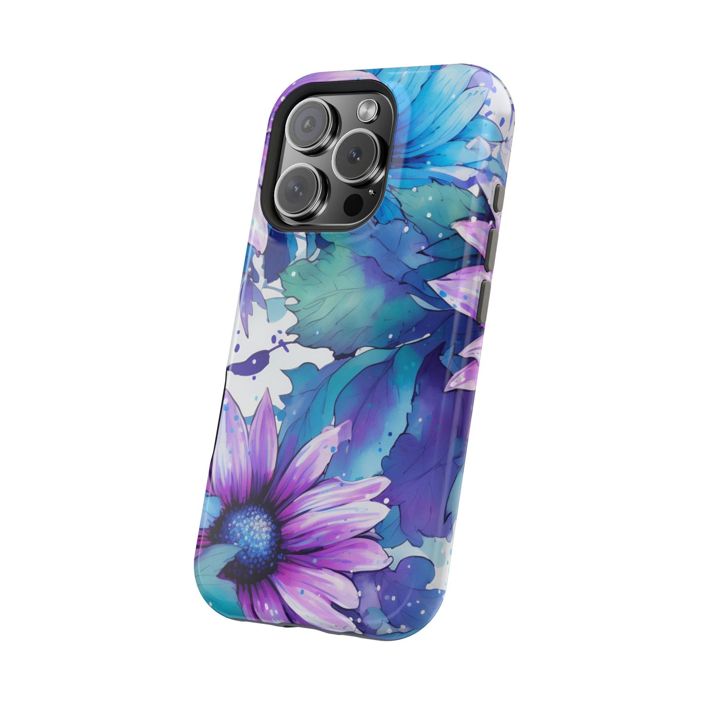 Purple & Teal Watercolor Floral MagSafe iPhone Case - Artistic Flower Design