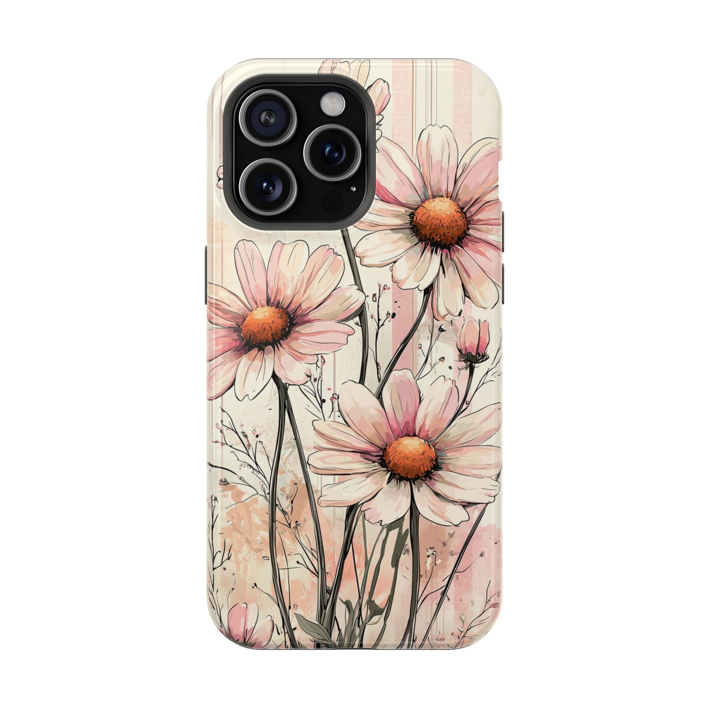 Pastel Pink Daisy MagSafe iPhone Case - Elegant Floral Plaid Protective Cover