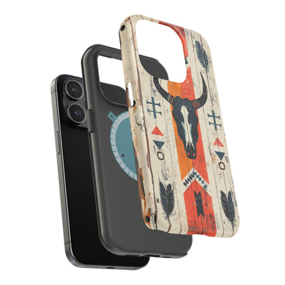 Rustic Western Bull Skull Tough MagSafe iPhone Case – Distressed Wood Design, Dual-Layer Protection