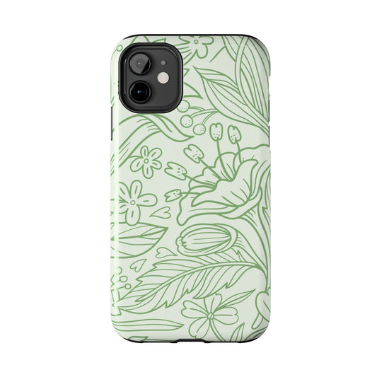 Sage Green Floral Line Art Tough iPhone Case – Minimalist Botanical Design with Dual-Layer Protection