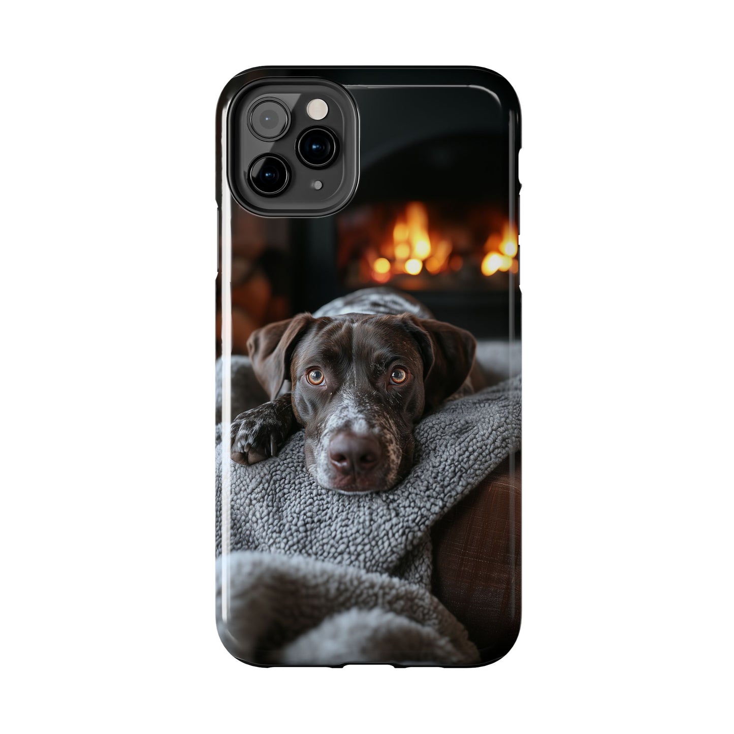 Cozy German Shorthaired Pointer iPhone Case – Rustic Fireplace Protective Cover