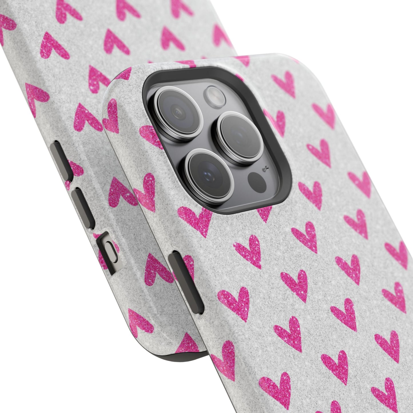 Pink Hearts on Glitter Silver – MagSafe iPhone Case