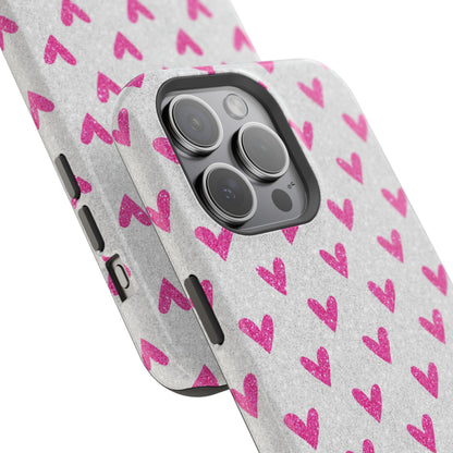 Pink Hearts on Glitter Silver – MagSafe iPhone Case