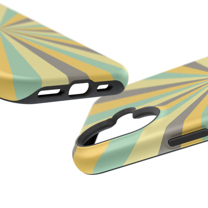 Vintage Sunburst Rays MagSafe iPhone Case – Bold 70s-Inspired Burst in Yellow, Mint, and Gray