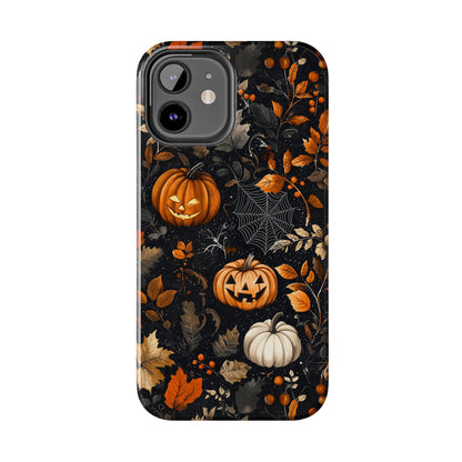 Elegant Halloween iPhone Case – Pumpkin Jack-o'-Lanterns, Cobwebs & Autumn Foliage Design