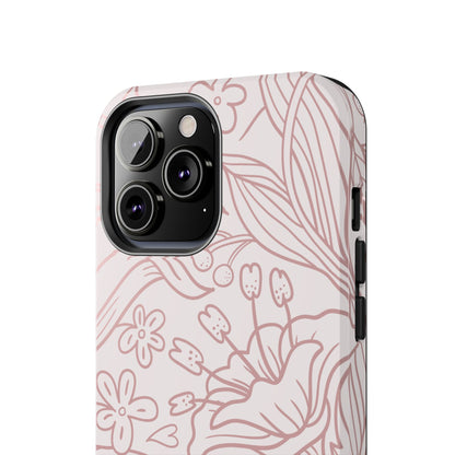 Blush Floral Line Art Tough iPhone Case – Delicate Minimalist Design with Dual-Layer Protection