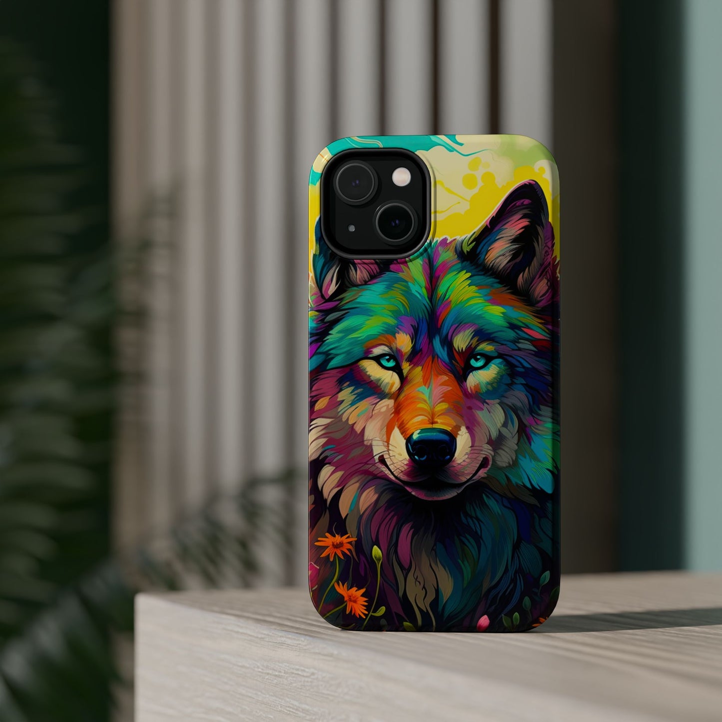 Rainbow Wolf in Bloom – MagSafe iPhone Case with Nature-Inspired Design