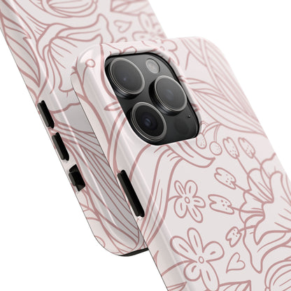 Blush Floral Line Art Tough iPhone Case – Delicate Minimalist Design with Dual-Layer Protection