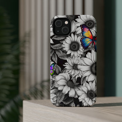 Rainbow Butterflies & Monochrome Sunflowers – MagSafe iPhone Case