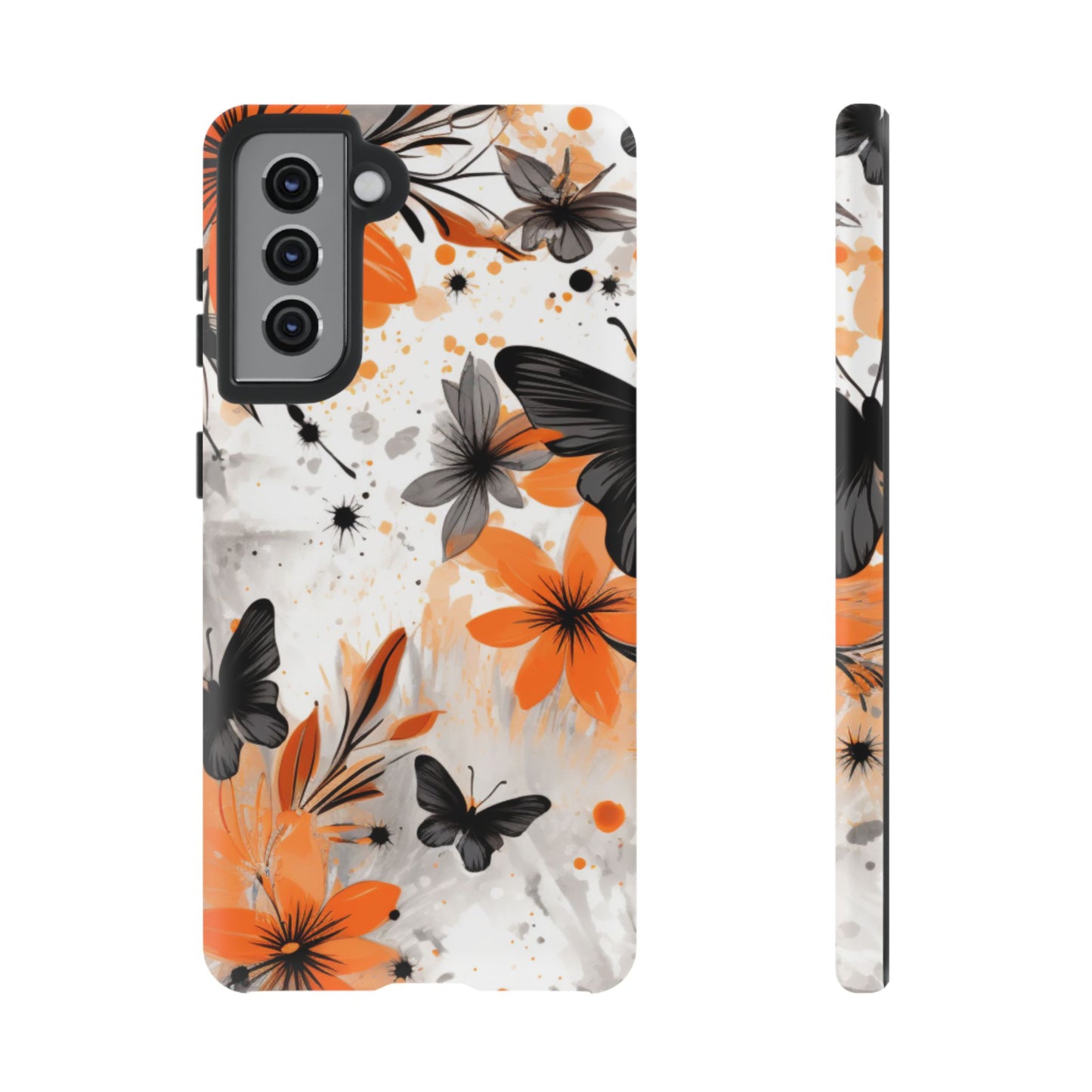 Orange Blossom & Black Butterfly Samsung Galaxy Case – Bold Floral Pattern with Modern Abstract Style