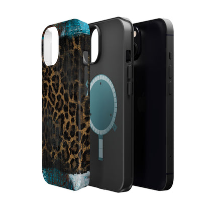 Boho Leopard and Turquoise Tough MagSafe iPhone Case – Rustic Western Design with Dual-Layer Protection