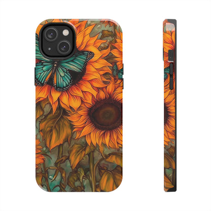 Vintage Blue Butterfly & Sunflower Art – iPhone Case