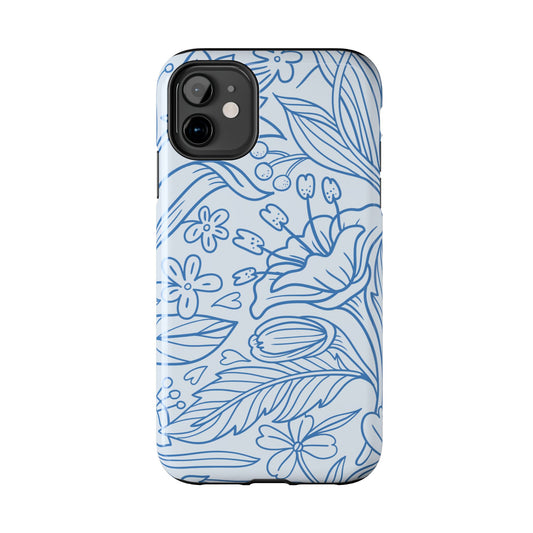 Dusty Blue Floral Line Art Tough iPhone Case – Minimalist Botanical Design with Dual-Layer Protection