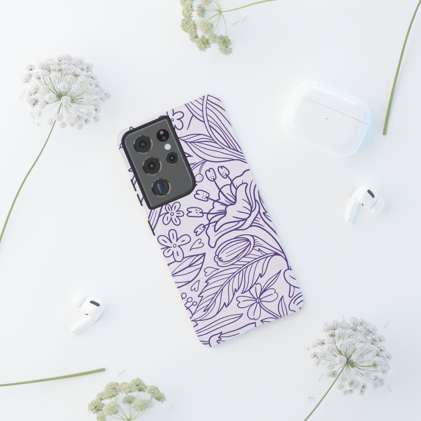 Lavender Floral Line Art Tough Samsung Galaxy Case – Minimalist Botanical Design with Dual-Layer Protection