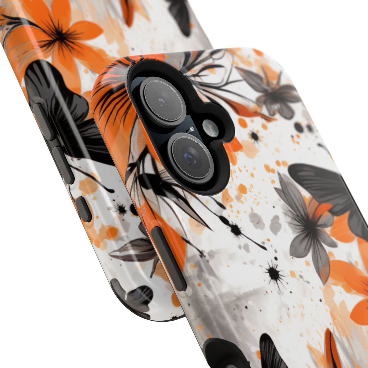 Orange Blossom & Black Butterfly MagSafe iPhone Case – Bold Floral Pattern with Modern Abstract Style