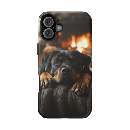 Cozy Rottweiler by the Fireplace MagSafe iPhone Case – Warm Rustic Design