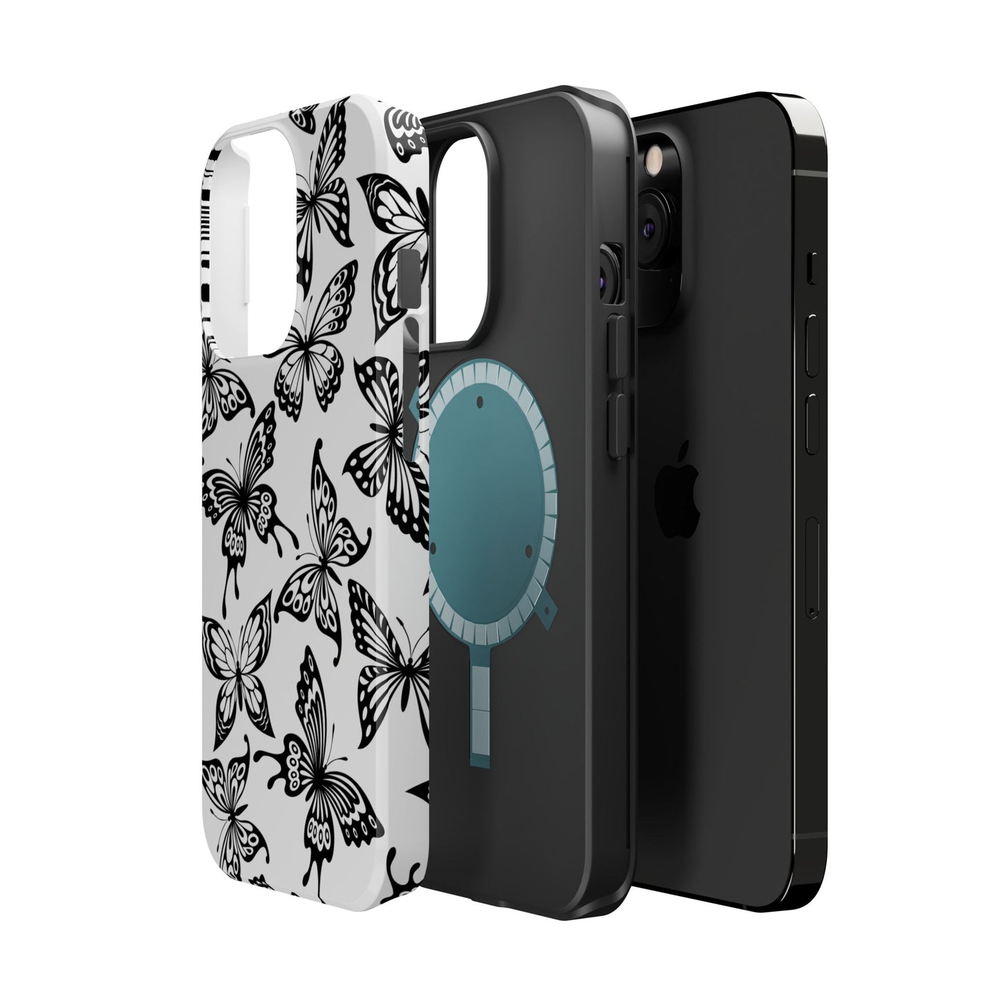 Monochrome Butterfly Pattern Tough MagSafe Case – Dual-Layer Protection with Matte Finish