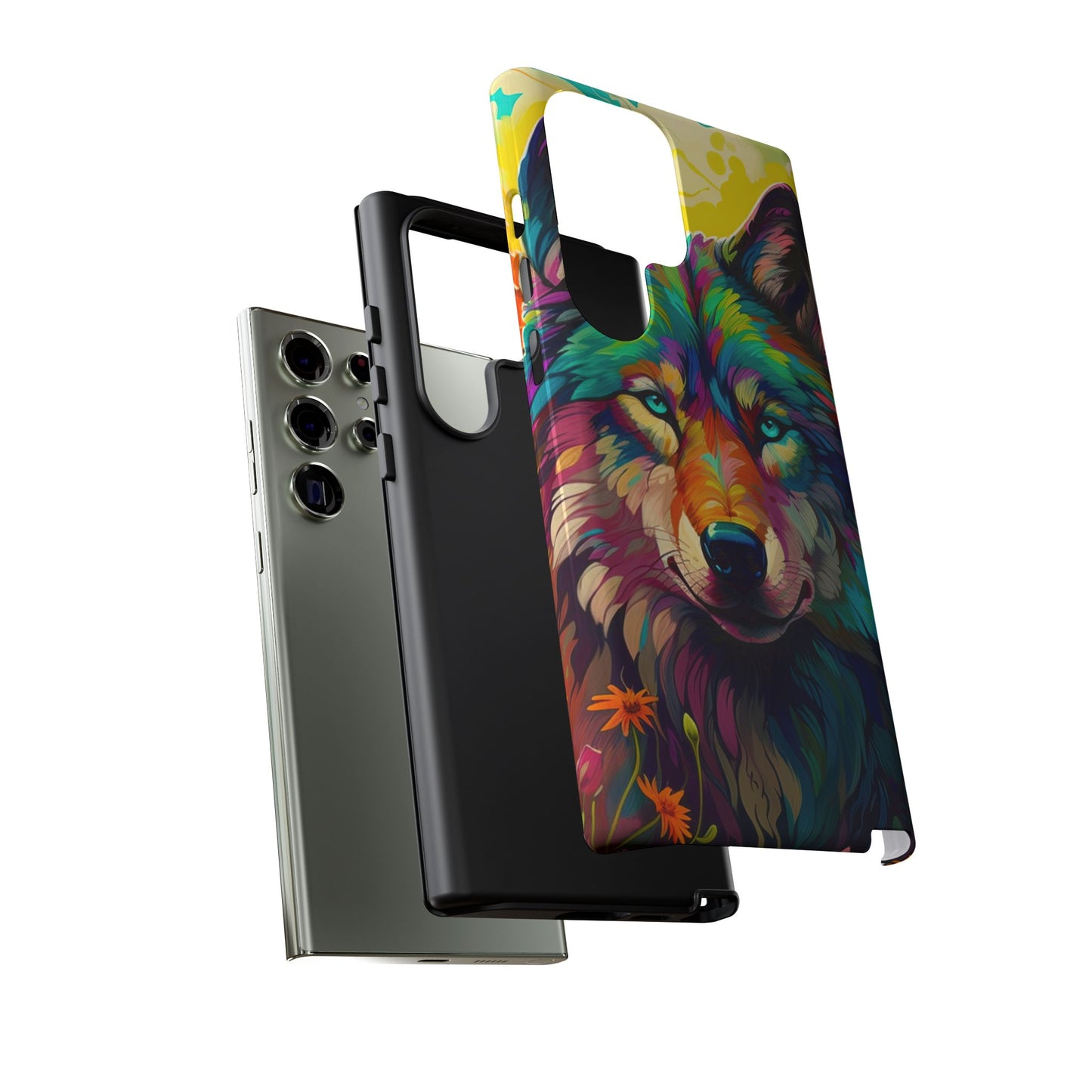 Rainbow Wolf in Bloom – Samsung Galaxy Case with Vivid Nature Design