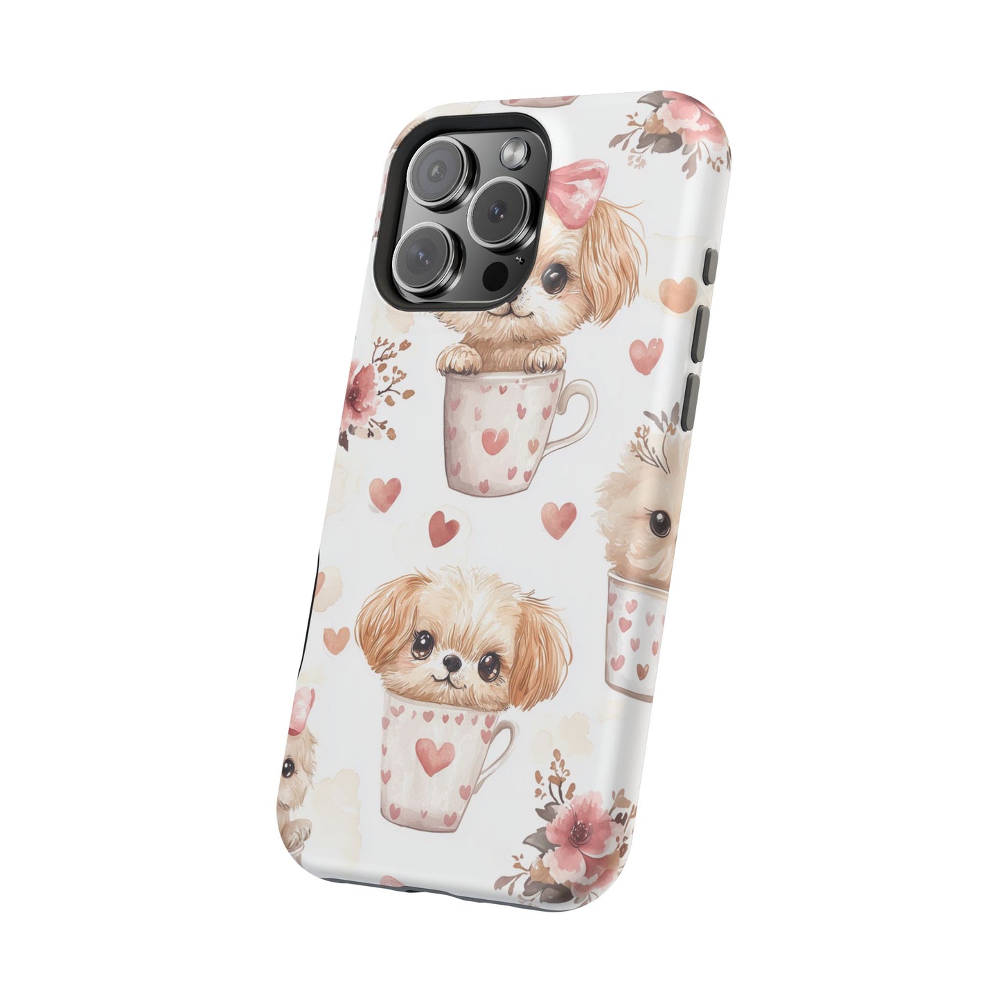 Cute Puppies in Heart MagSafe iPhone Case – Adorable Dog & Floral Design, Shockproof & Slim