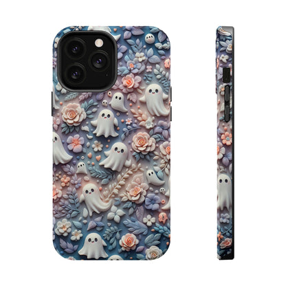 Cute MagSafe Ghosts Flowers Phone Case | Ethereal Clay Style | Autumn and Halloween Aesthetic | Tough Dual Layer Protection