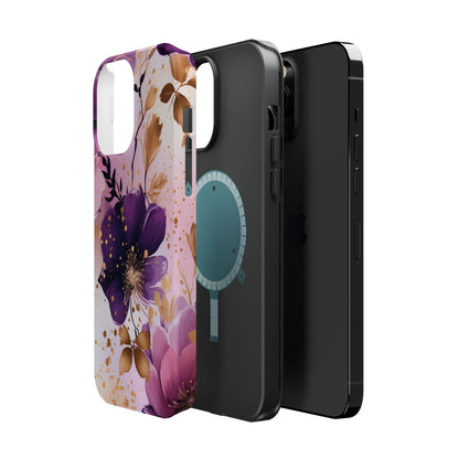 Elegant Purple & Gold Floral MagSafe iPhone Case - Luxe Flower Design