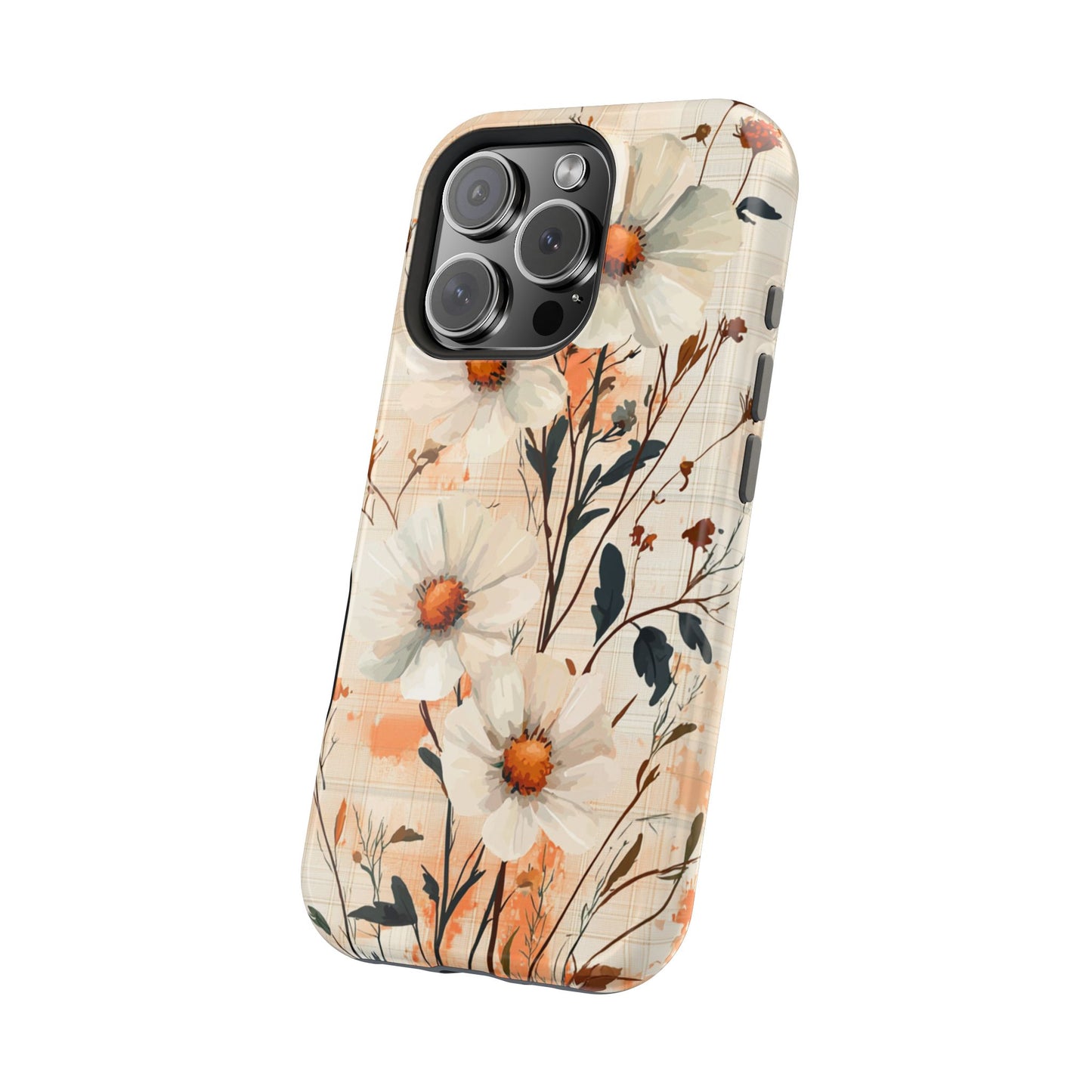 Pastel Orange Floral MagSafe iPhone Case - Elegant Plaid Protective Cover