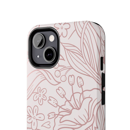 Blush Floral Line Art Tough iPhone Case – Delicate Minimalist Design with Dual-Layer Protection