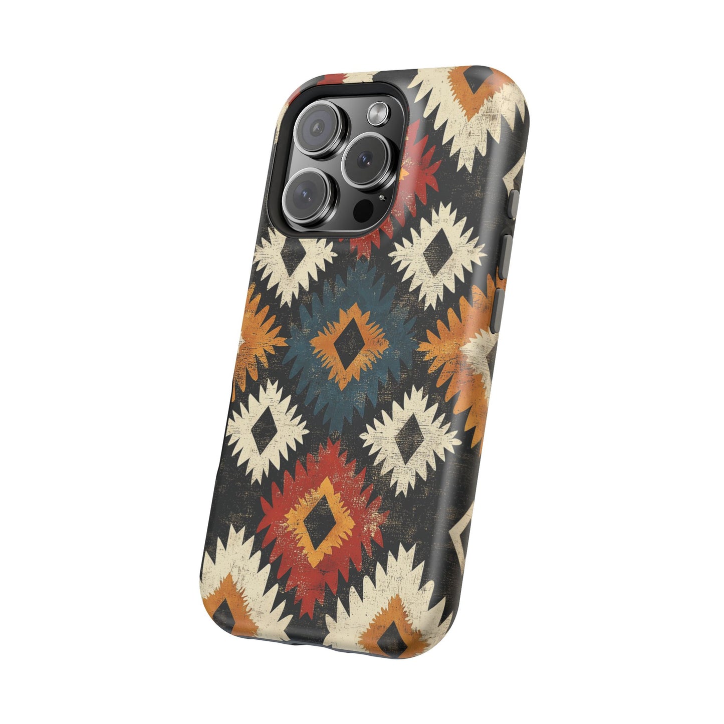 Rustic Tribal Sunburst Tough MagSafe iPhone Case – Vibrant Geometric Design, Dual-Layer Protection