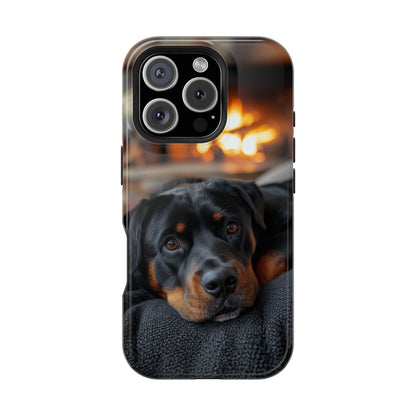 Charming Rottweiler by the Fireplace MagSafe iPhone Case – Cozy & Functional Design