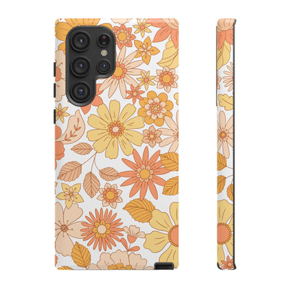 Vintage Floral Bloom Samsung Galaxy Case – Warm Orange & Yellow Retro Flower Design with Matte Finish