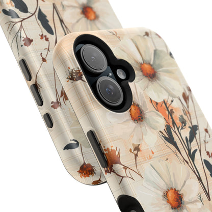 Pastel Orange Floral MagSafe iPhone Case - Elegant Plaid Protective Cover