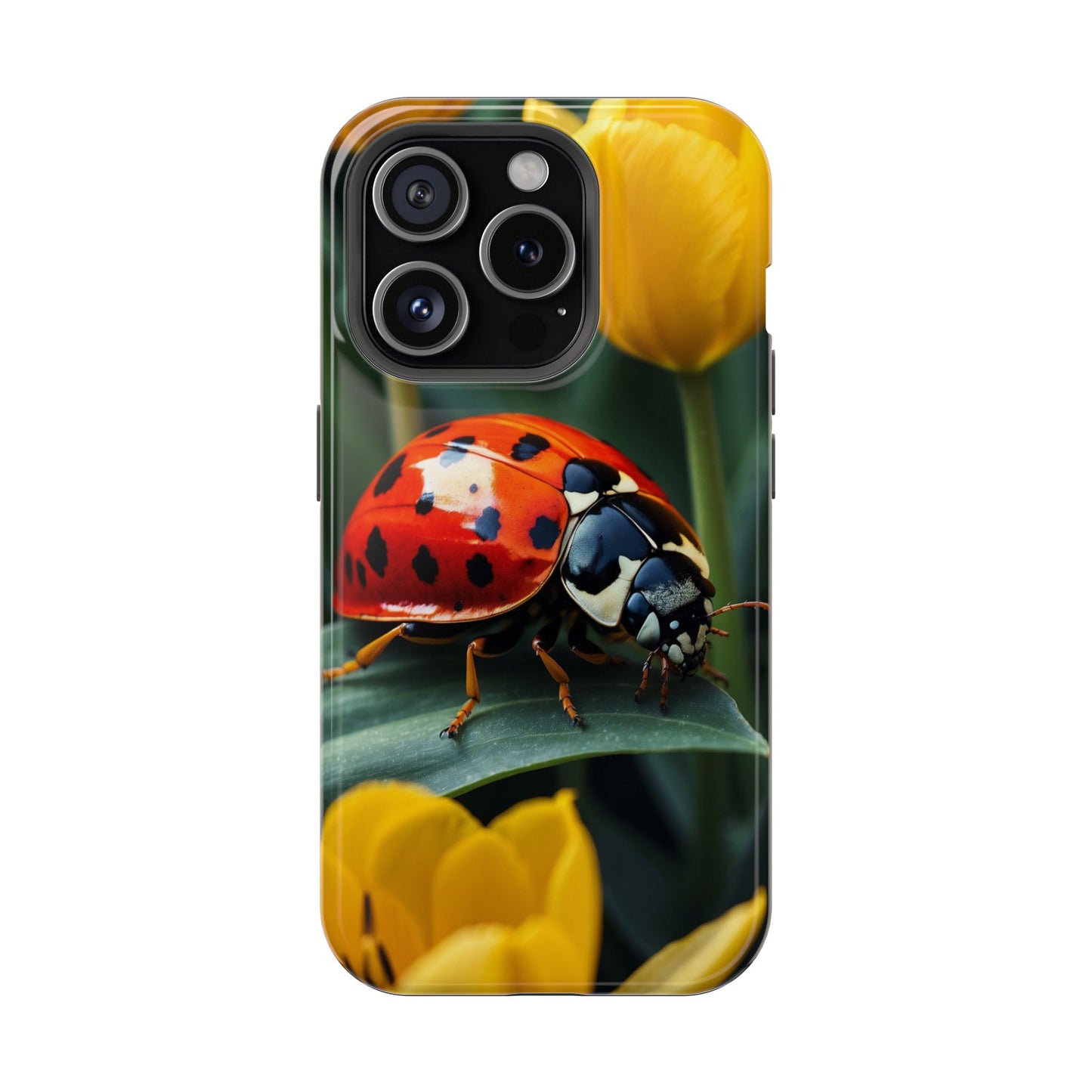 MagSafe iPhone Case: Vibrant Ladybug Amidst a Lush Yellow Flower Garden