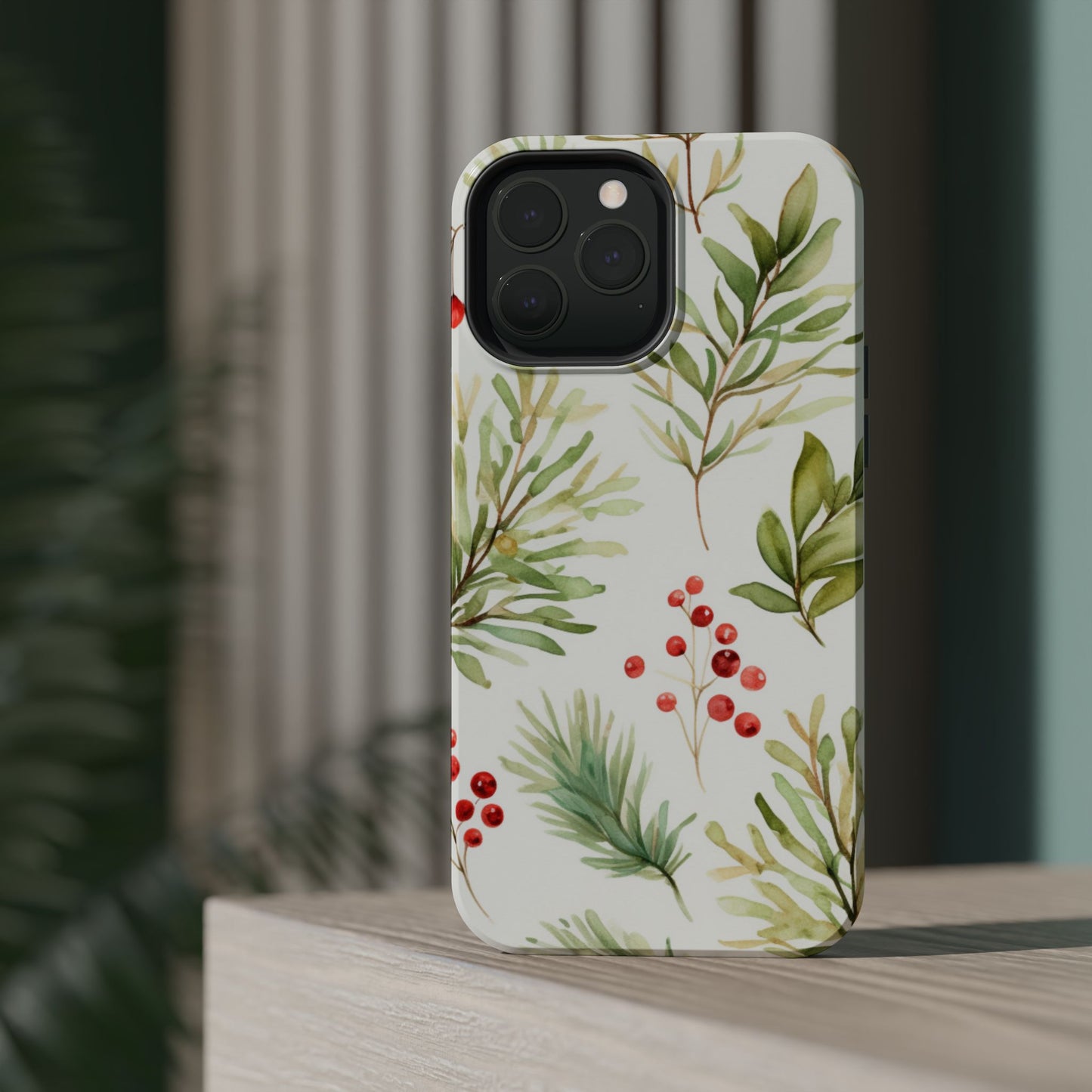 Winter Greenery & Berry Watercolor – MagSafe iPhone Series Case