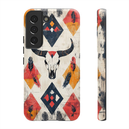 Western Bull Skull & Feathers Tough Samsung Galaxy Case – Bold Tribal Design, Dual - Layer Protection - BOGO Cases