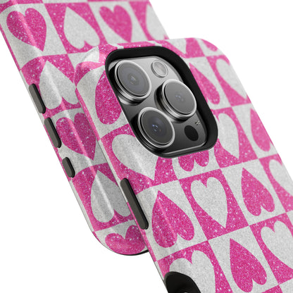 Pink Glitter Heart Checkered Pattern MagSafe Case