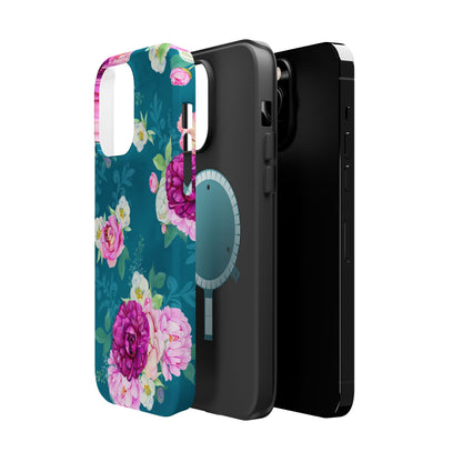 Elegant Peony Bouquet MagSafe iPhone Case – Deep Teal Background with Romantic Floral Design