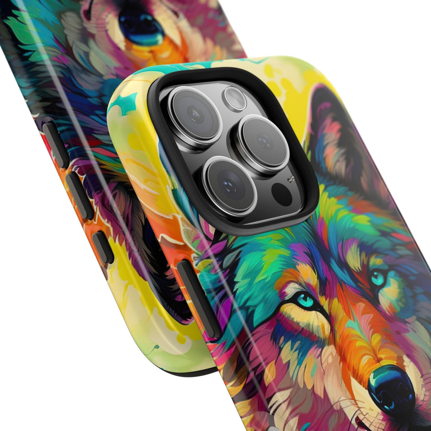 Rainbow Wolf in Bloom – iPhone Case with Vivid Nature Design