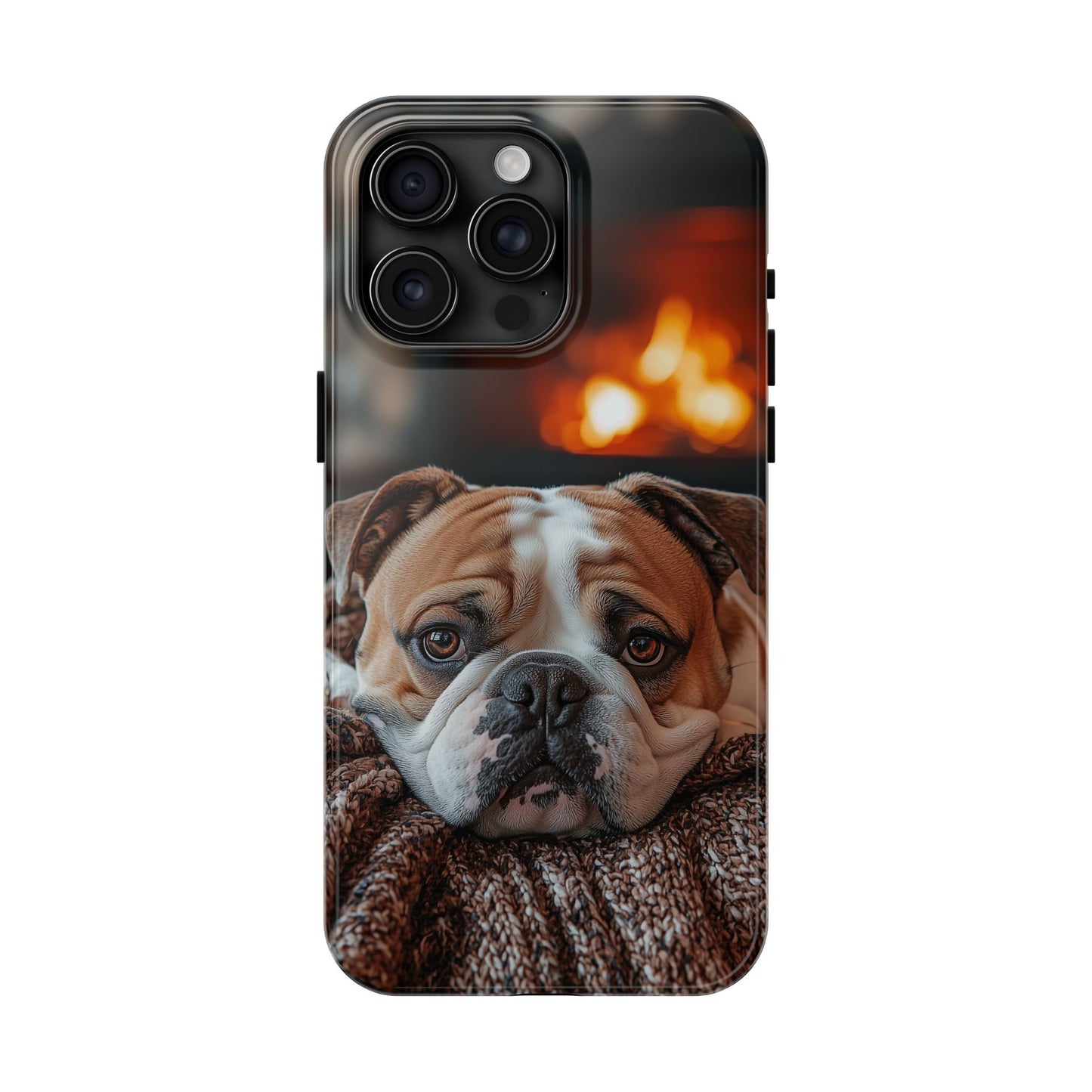 Cozy Bulldog iPhone Case – Fireside-Inspired Protective Cover Description: